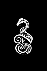 Fototapeta premium Snake tattoo in white ink coiled in an artistic pattern on a pure black background