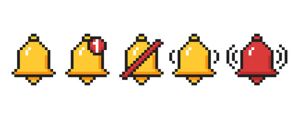 Bell icons in pixel art style. Notification icons for mobile interface, 8 bit bell for UI.