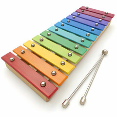 A colorful xylophone with metal keys arranged in a rainbow pattern