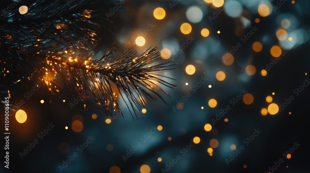 Poster close-up of a pine branch with soft glowing bokeh lights creating a magical and enchanting atmospher