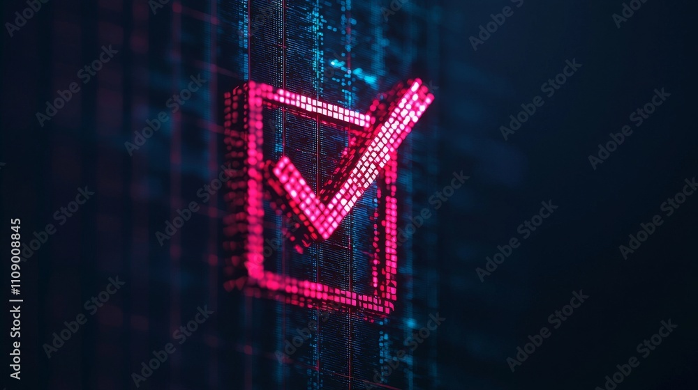 Poster a glowing pink checkmark inside a digital checkbox against a dark, data-driven background, symbolizi