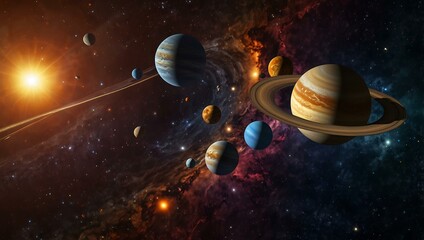 Fototapeta premium The solar system with planets in vibrant colors and swirling stars.