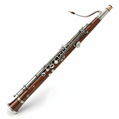 A concert bassoon with a long, curved body and silver keys, producing deep