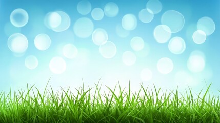 Obraz premium a lush green grass field with a bright blue sky in the background, illuminated by a multitude of bubbles