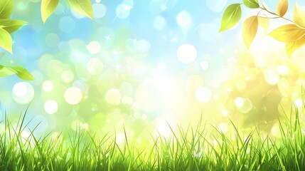 Obraz premium a lush green grassy field with leaves on the left side and a bright blue sky in the background The image is animated, giving it a lively and vibrant feel