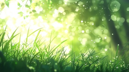 Obraz premium a lush green grassy field with the sun shining through the trees in the background, creating a beautiful and peaceful atmosphere The grass is a vibrant green color