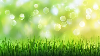 Obraz premium a lush green grass field with bubbles floating in the air, creating a beautiful and peaceful atmosphere The grass is a vibrant green color, and the bubbles are a m