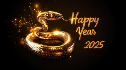 Golden Snake Celebrating the Arrival of New Year 2025 with Sparkling Effects and Elegant Typography in a Mysterious Dark Background