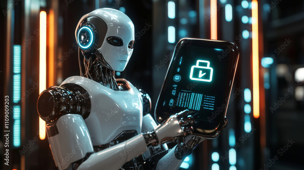 Poster the robot advertise smart phone. robot hands holding a smart phone and displays on its screen an ico