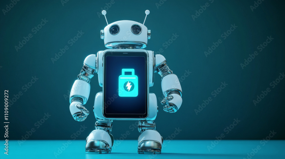 Poster the robot advertise smart phone. robot hands holding a smart phone and displays on its screen an ico