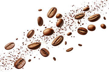 A dynamic arrangement of coffee beans and grounds, emphasizing the essence of coffee.