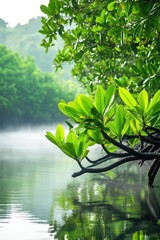 Obraz premium A serene view of lush green leaves beside a calm waterway, embodying tranquility and the beauty of nature.
