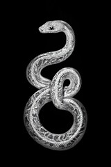 Fototapeta premium Snake tattoo in white ink coiled in an artistic pattern on a pure black background