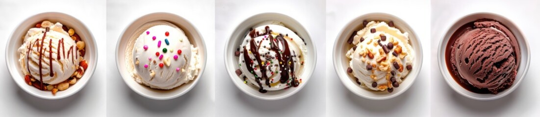 A top view of five different ice cream bowls with a white background. Each bowl contains delicious and colorful ice creams.