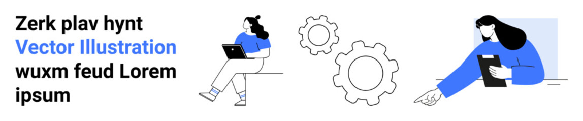 Two people working on laptops, large gears between them, text elements. Ideal for teamwork, technology, collaboration, modern business, productivity, innovation, remote work. Landing page