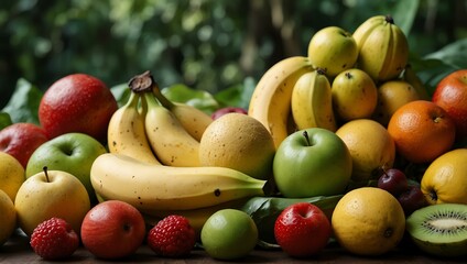 The world of fresh fruits, with bananas and vibrant green leaves.