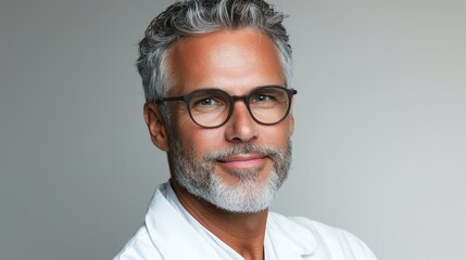 Fototapeta premium a man with grey hair and glasses wearing a white lab coat, smiling against a white background