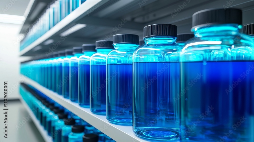 Poster a row of clear bottles filled with vibrant blue liquid, neatly arranged on a shelf in a well-lit lab