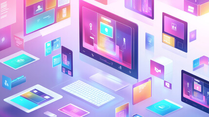 Web development, coding and programming responsive layout internet site or app of devices. Creation digital Software mobile, desktop platforms. Computer code on laptop, tablet, phone. Concept banner.