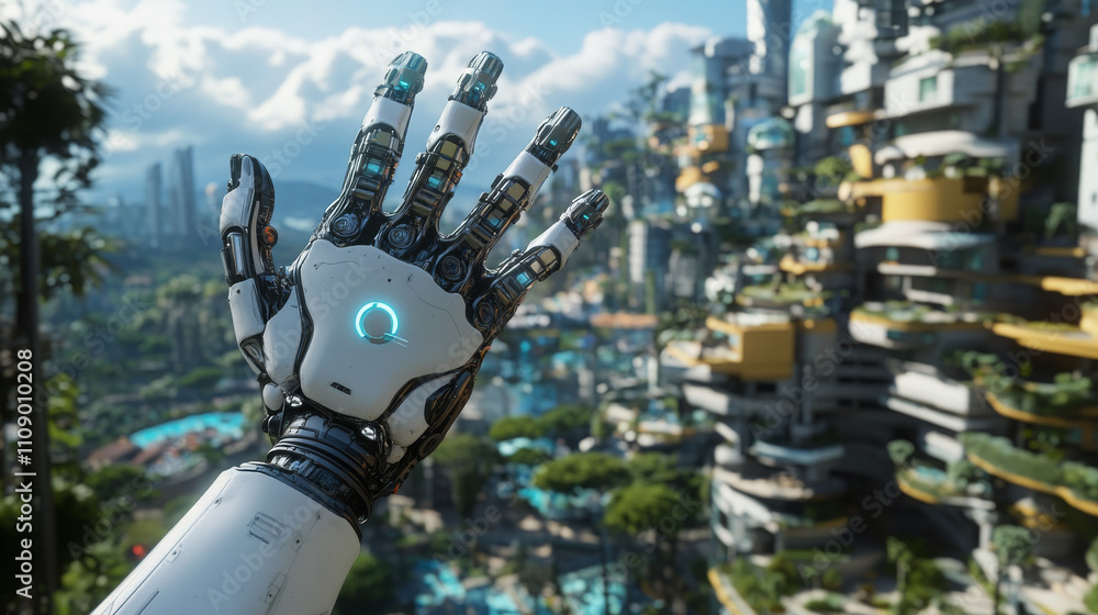 Aufkleber virtual and augmented reality in the first person. human hand in virtual reality like a robot. techn