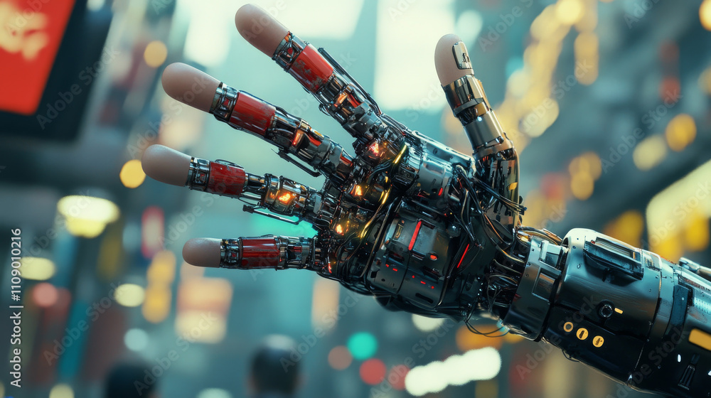 Poster virtual and augmented reality in the first person. human hand in virtual reality like a robot. techn