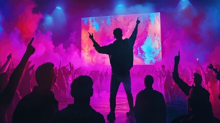 Obraz premium A hip-hop concert with a rapper performing to an electrified crowd, with graffiti-styled visuals on the backdrop screen