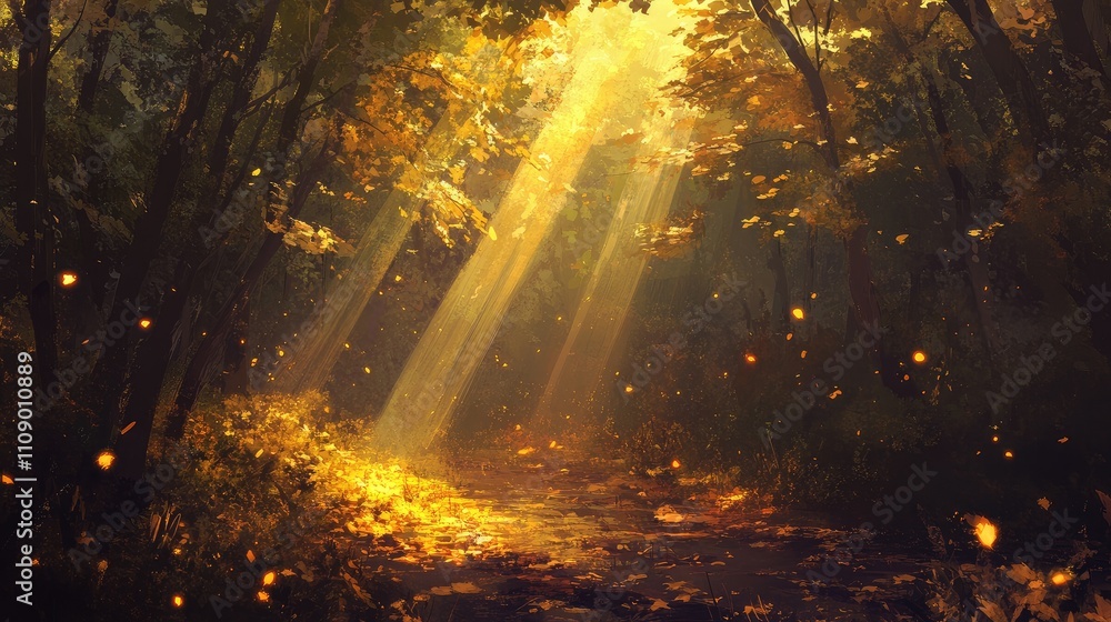 Aufkleber enchanted forest with golden rays of sunlight filtering through autumn leaves creating a magical and