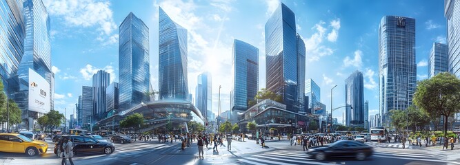 Fototapeta premium A panoramic shot of a busy city intersection with towering skyscrapers, bustling traffic, and pedestrians on a bright, sunny day