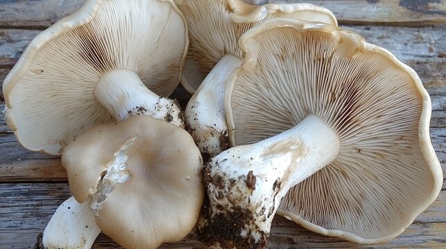  a group of Clitocybe clavipes mushrooms sitting atop a wooden table The mushrooms have a white cap with a slightly wrinkled texture, and the table is a light-color