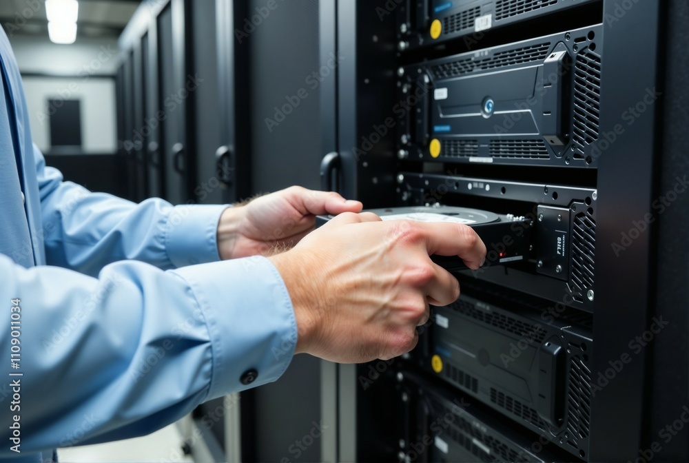 Aufkleber a man is diligently working on a server in a large data center