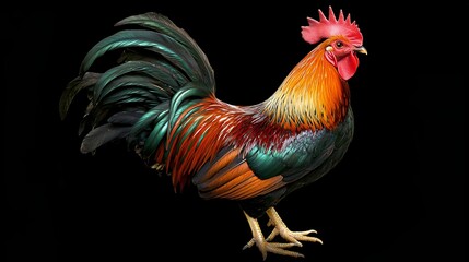 Fototapeta premium a rooster standing on top of a black surface, its feathers a mix of brown, green, orange and red