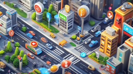 Smart city wireless communication network with smart phone. City infrastructure icons set. Isometric Smartphone over urban landscape connected with  icons town iot. 