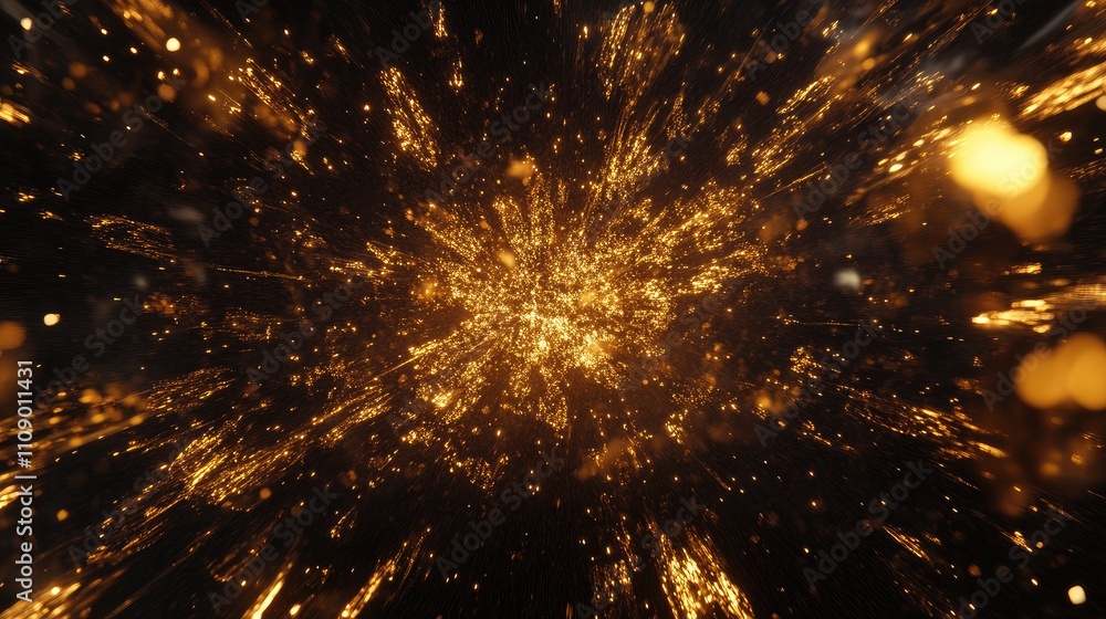 Poster explosive golden sparkles erupting in a dark cosmic space, creating a spectacular display of brillia