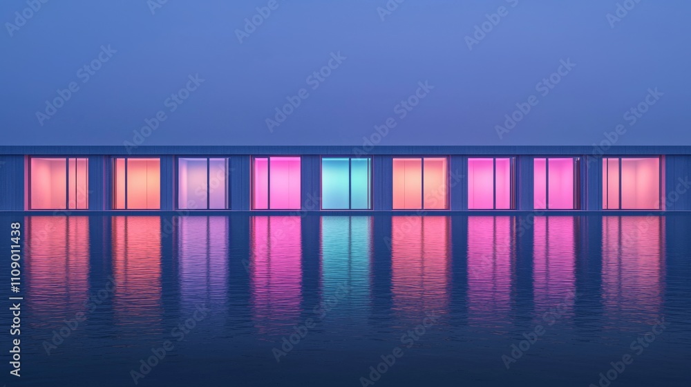 Poster a series of colorful illuminated panels reflect in calm water, creating a serene and artistic nightt