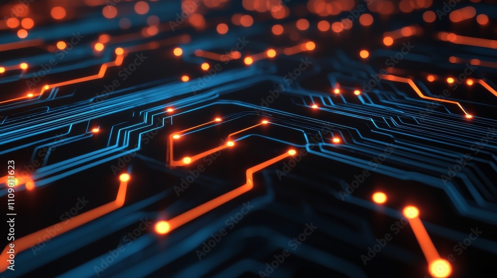 Poster a close-up image of a circuit board with glowing orange lines and dots against a dark background, il