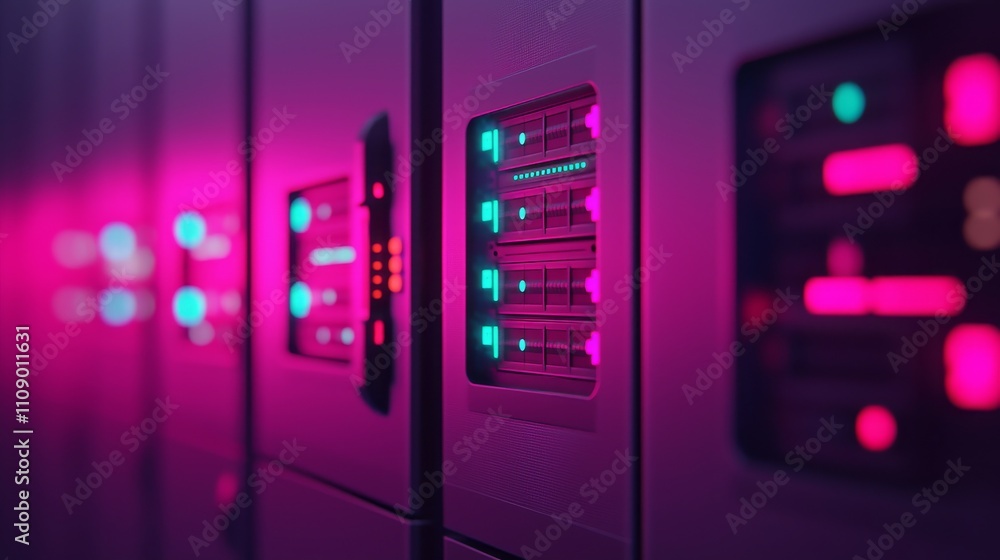 Poster a close-up view of server panels illuminated with vibrant pink and blue lights, showcasing technolog