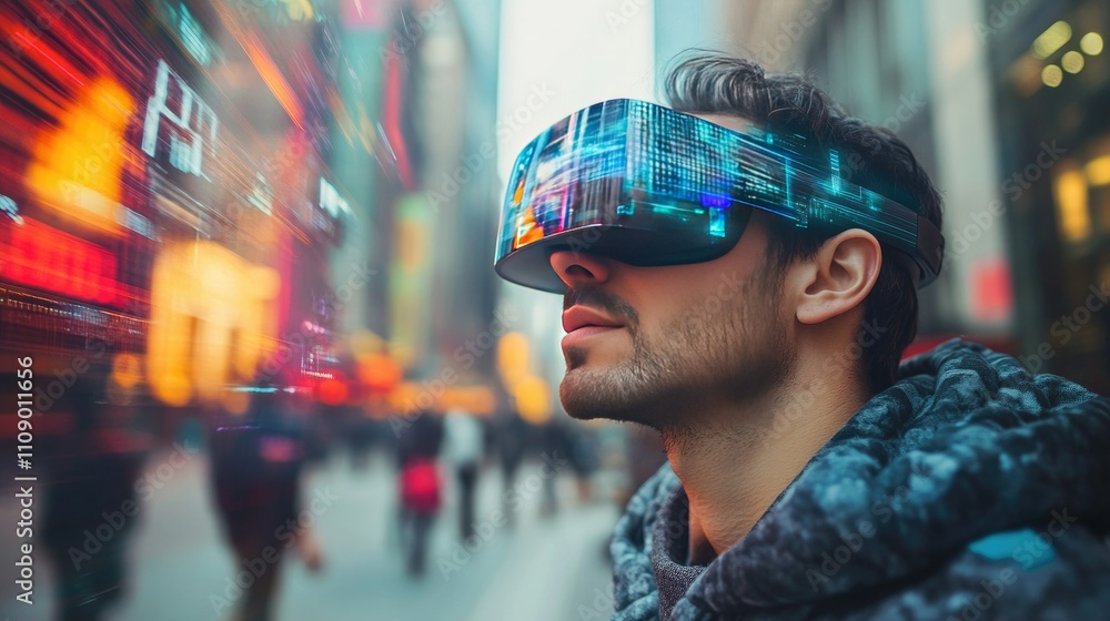 Poster a person using augmented reality glasses in an urban setting, viewing digital overlays on real-world