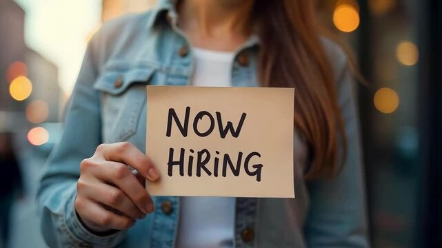 Now Hiring sign held by a woman looking for staff