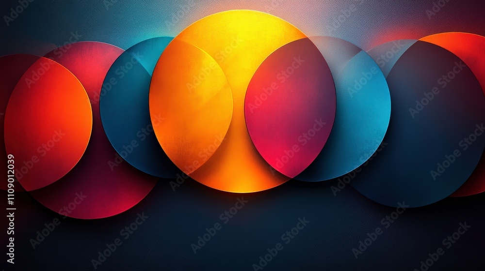 Poster abstract colorful circles overlapping with warm hues of orange and cool tones of blue creating a mod