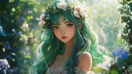 A serene girl with green hair adorned with flowers, surrounded by a lush, vibrant garden, exuding a magical and ethereal atmosphere.