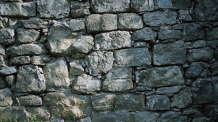 Fototapeta premium a stone wall with grass growing out of it The wall is made up of small stones of various sizes and shapes, and the grass is lush and green