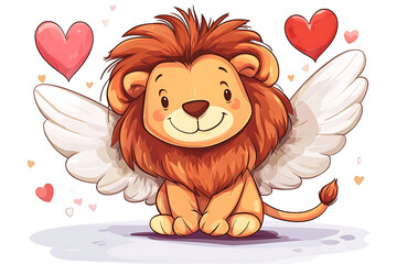Obraz premium A cute, winged lion with a cheerful expression surrounded by hearts.