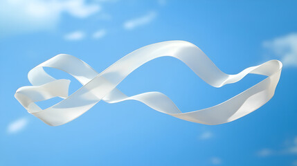 White pearl ribbon bow curl on blue sky  background with copy space , beautiful white ribbon flying on blue sky, White fabric on sky background. Natural effect of lens flare
