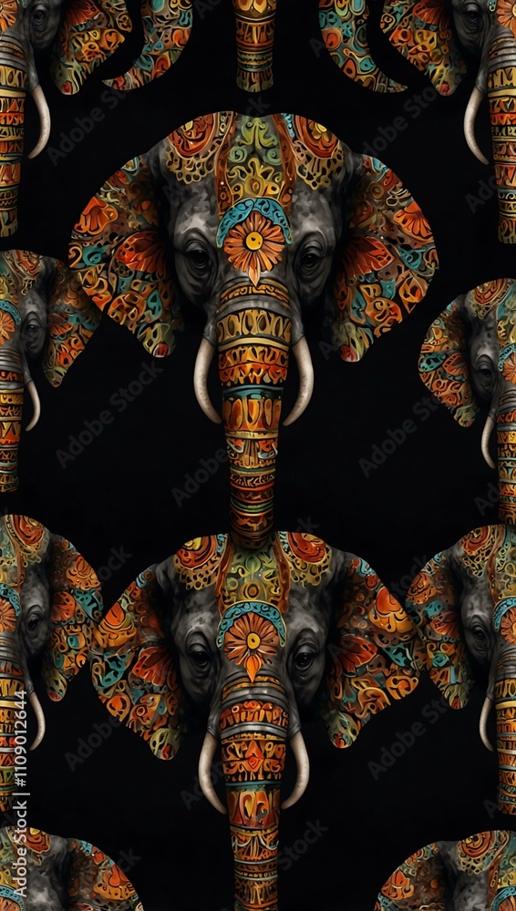 Poster three elephant heads with unique color patterns on a black backdrop.