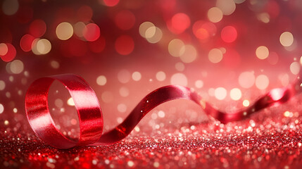  beautiful modern design red ribbon on golden and red bokeh background ,  red ribbon on bokeh background with copy space for text , red ribbon bow for gift box