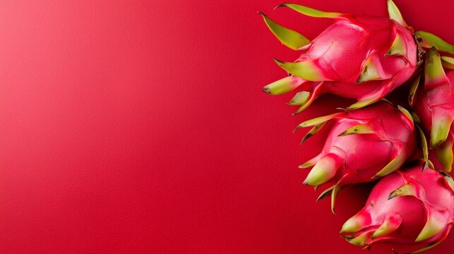  three dragon fruit on a vibrant red background, creating a striking contrast between the two colors The dragon fruit is cut in half, revealing its juicy, pink fles