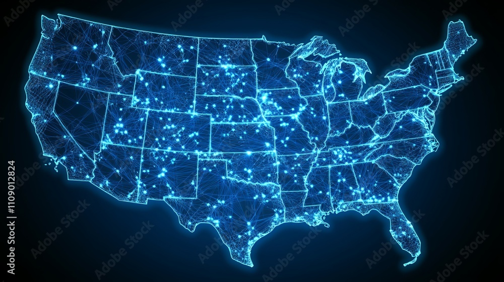 Aufkleber digital network connecting us states technological infrastructure, data transfer visualization.
