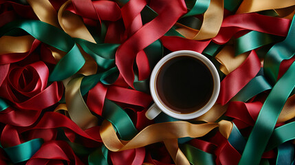 Latte cup and bow ties , Coffee cup with colorful ribbon , Simple coffee cup with ribbon , illustration , A cup with a traditional tasty with colorful modern ribbon 
