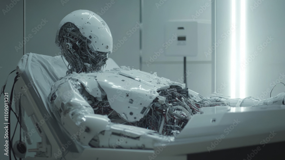 Poster artificial intelligence. ai head with neural network brain hanging over virtual digital podium. wise