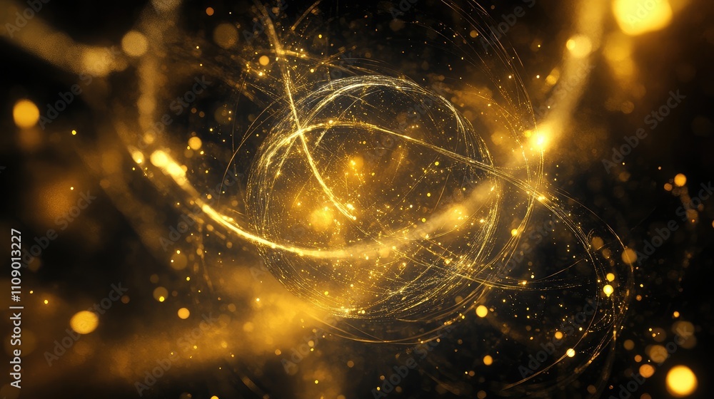 Poster abstract gold particles swirl in a dynamic cosmic motion background with luminous orbs, creating an 